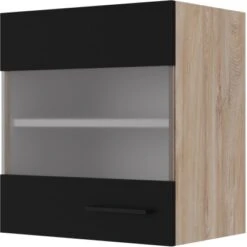 Flex-Well Exclusiv Glas-Oberschrank Capri 50 Cm Schwarz Matt-Endgrain Oak